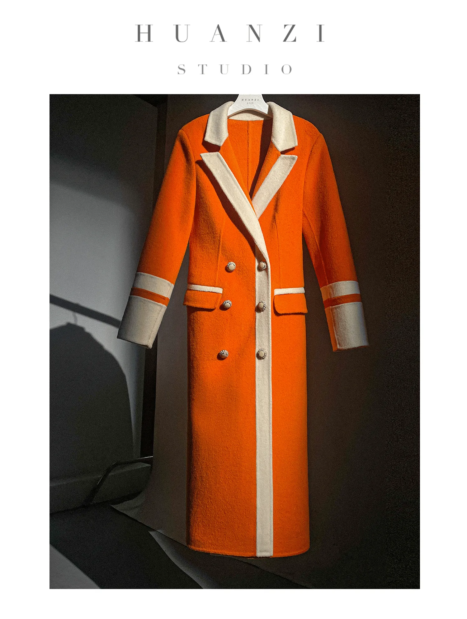 Huanzi high-grade contrasting color double-sided cashmere woolen coat new autumn and winter waist waist long- Trina