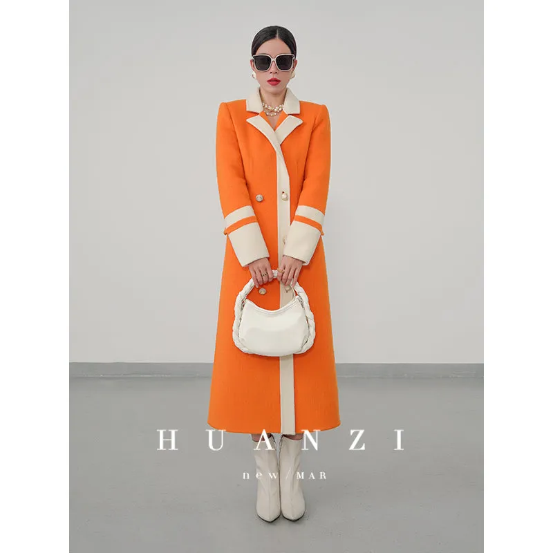 Huanzi high-grade contrasting color double-sided cashmere woolen coat new autumn and winter waist waist long- Trina