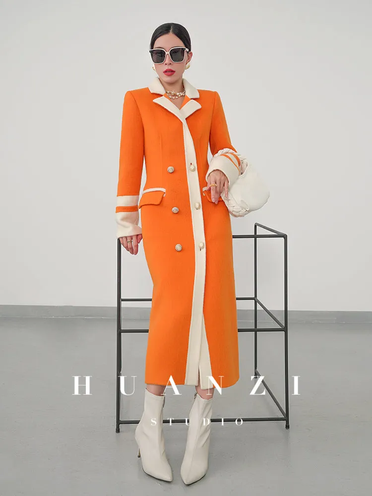 Huanzi high-grade contrasting color double-sided cashmere woolen coat new autumn and winter waist waist long- Trina