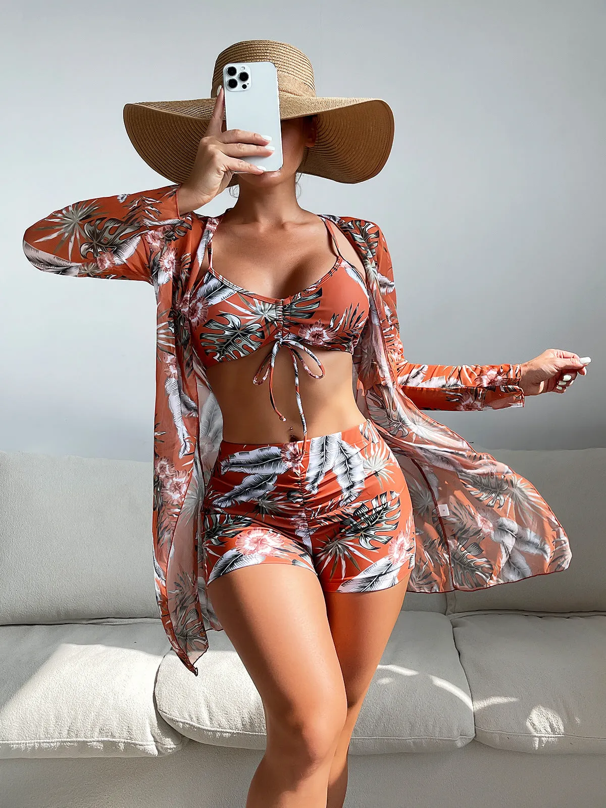 Hzori 2023 Swimsuit Women's Split Three-Piece Suit High Waist Long Sleeves Blouse Internet Celebrity Drawstring Suit