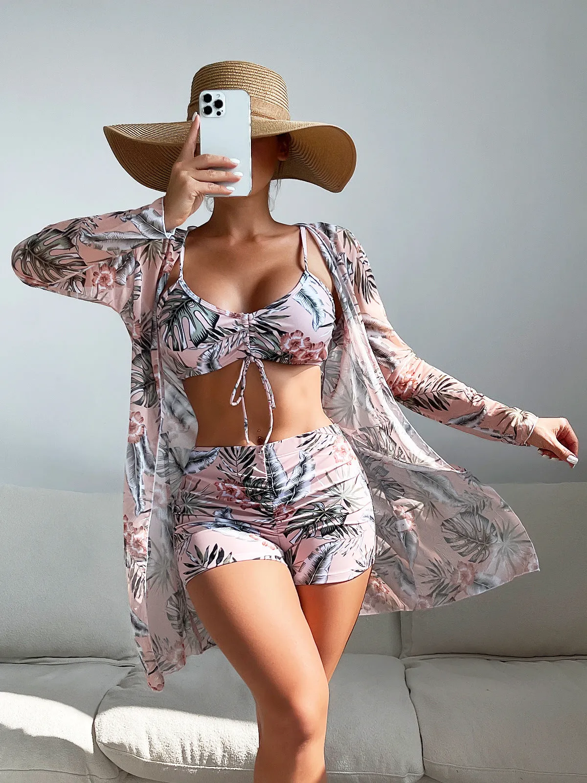 Hzori 2023 Swimsuit Women's Split Three-Piece Suit High Waist Long Sleeves Blouse Internet Celebrity Drawstring Suit