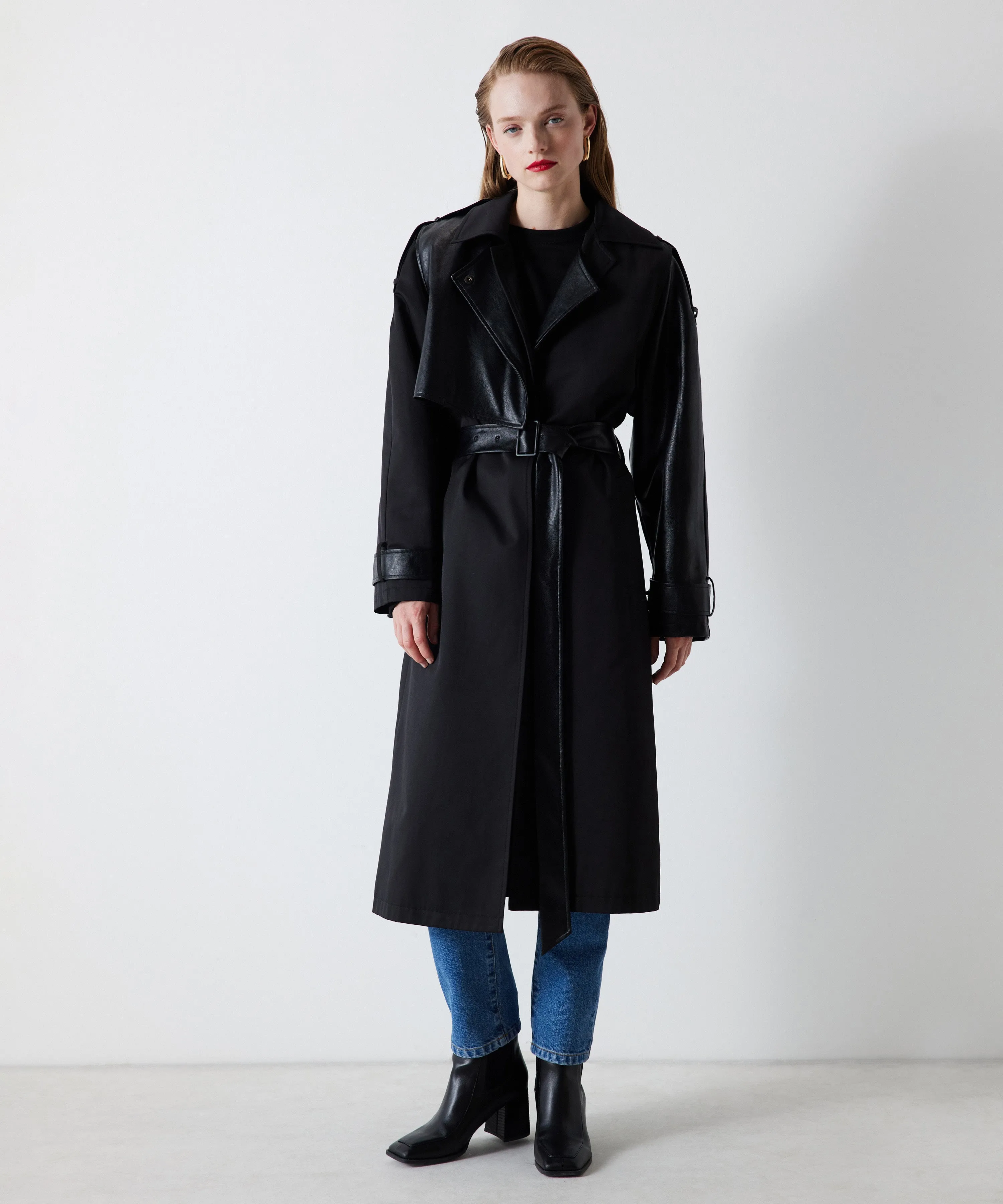 Ipekyol Faux Leather Mix Epaulette Trench Coat Black