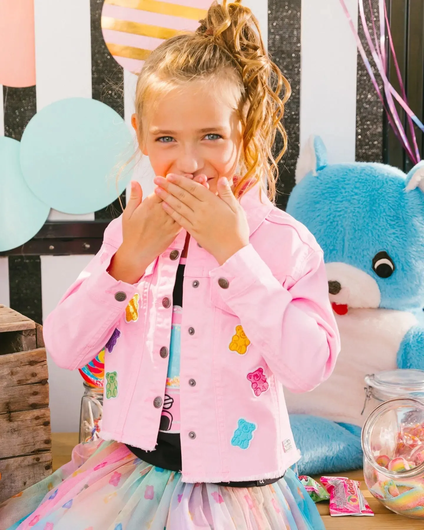 Jean Jacket With Embroidery Pink And Multicolored Gummies