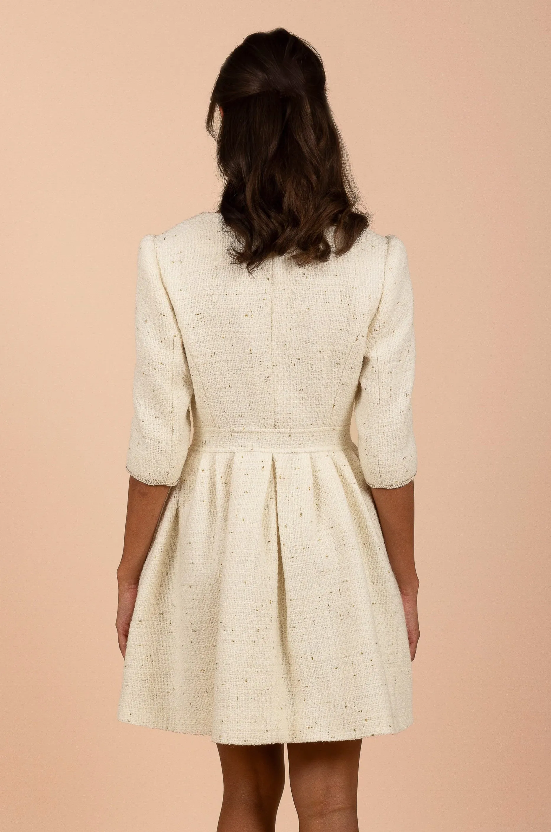 'Kelly' Wool Tweed Dress Coat in Crema