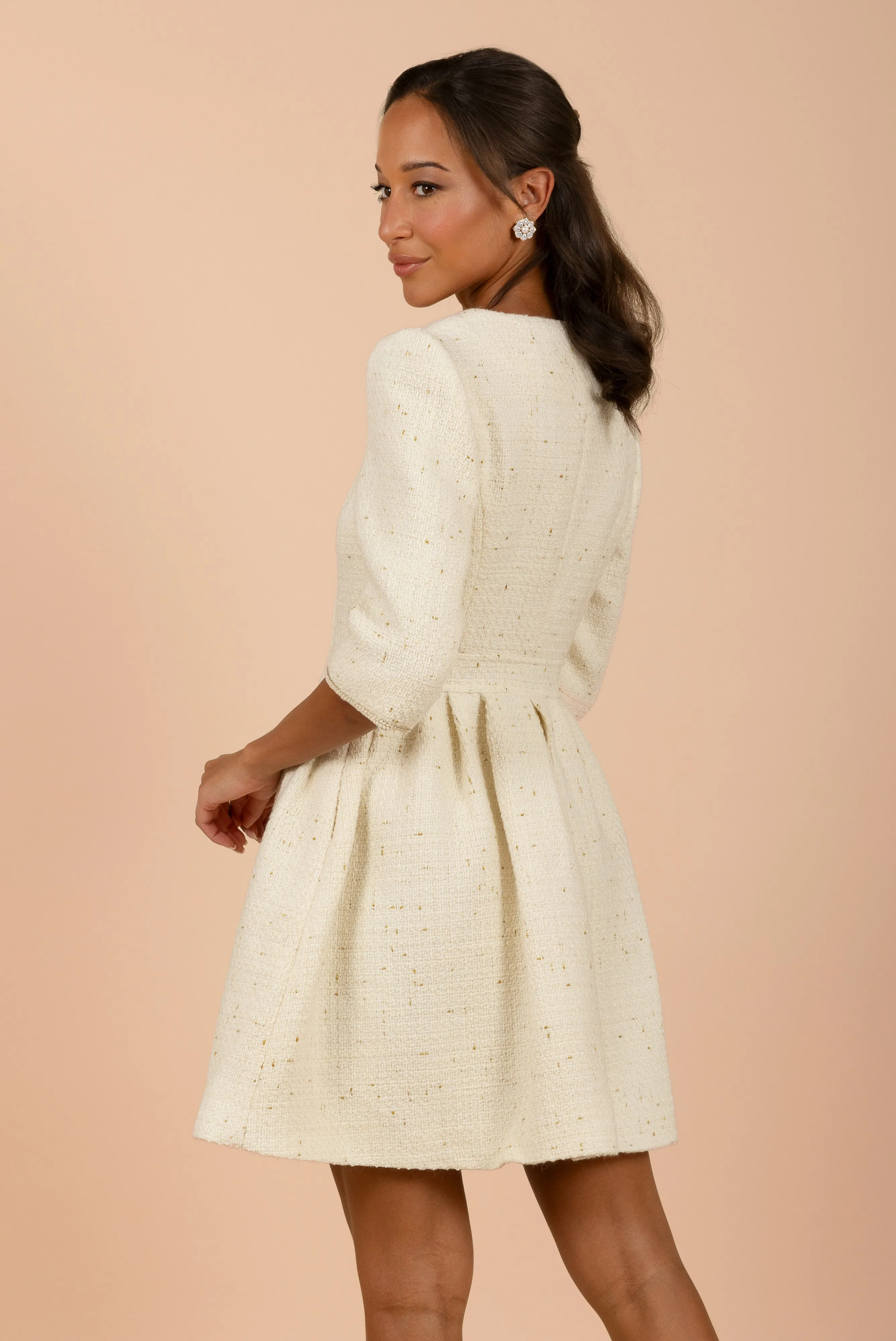 'Kelly' Wool Tweed Dress Coat in Crema