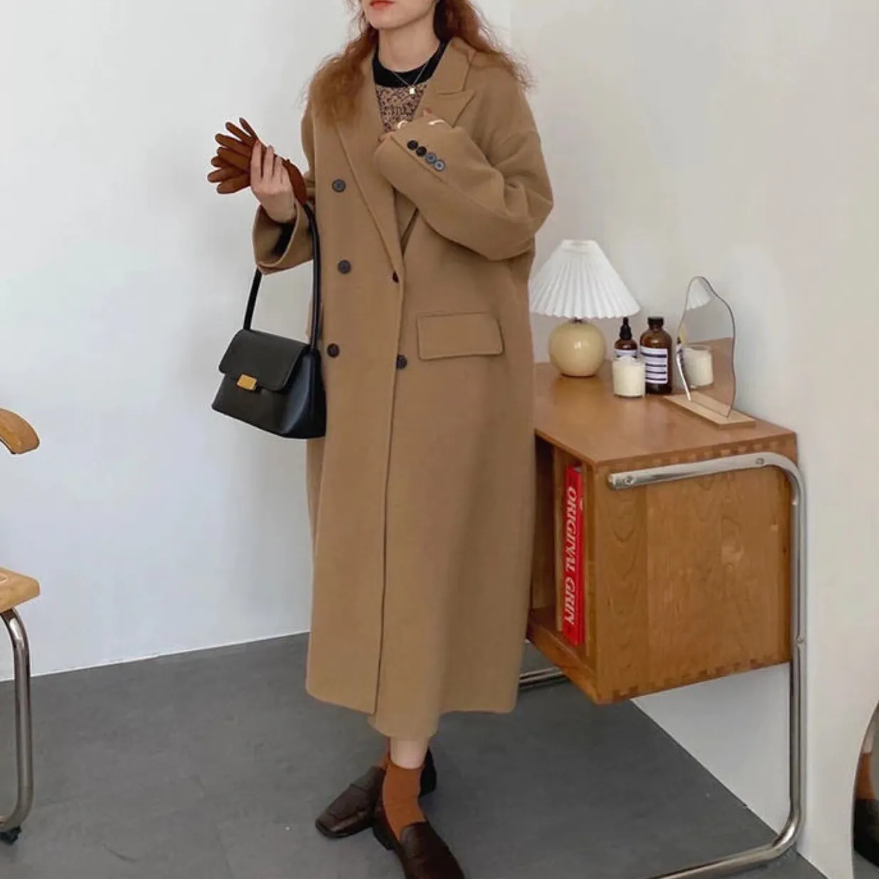 [Korean Style] High Quality Handmade Double Breasted Loose Fit Cashmere Woolen Long Coat No Lining