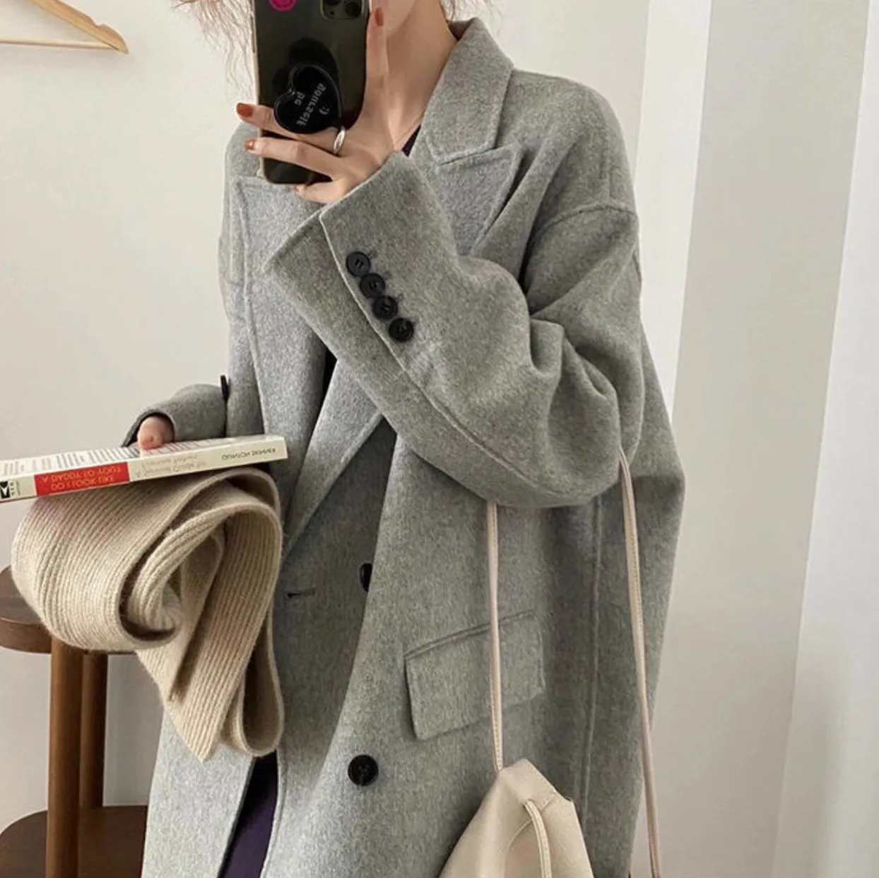 [Korean Style] High Quality Handmade Double Breasted Loose Fit Cashmere Woolen Long Coat No Lining