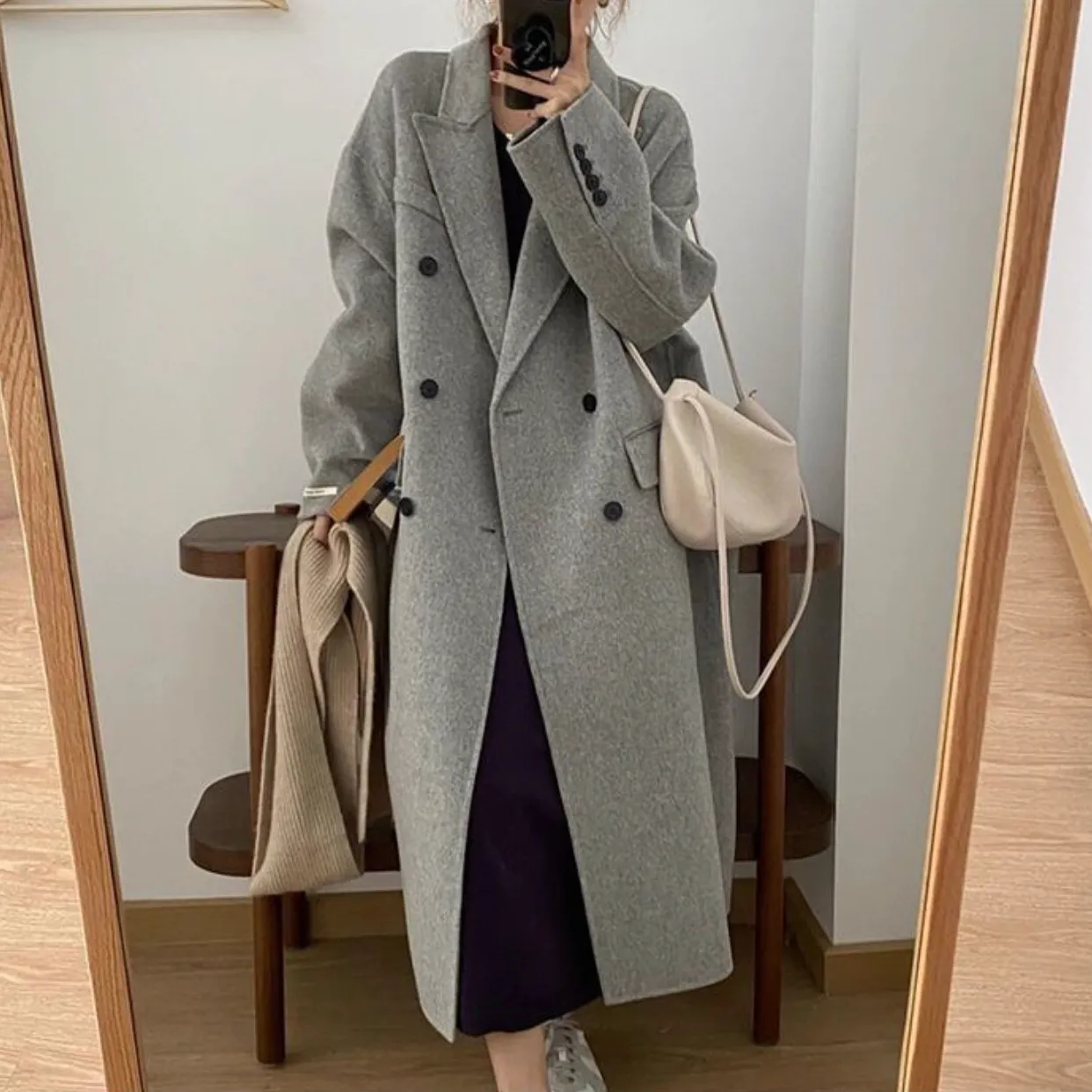 [Korean Style] High Quality Handmade Double Breasted Loose Fit Cashmere Woolen Long Coat No Lining