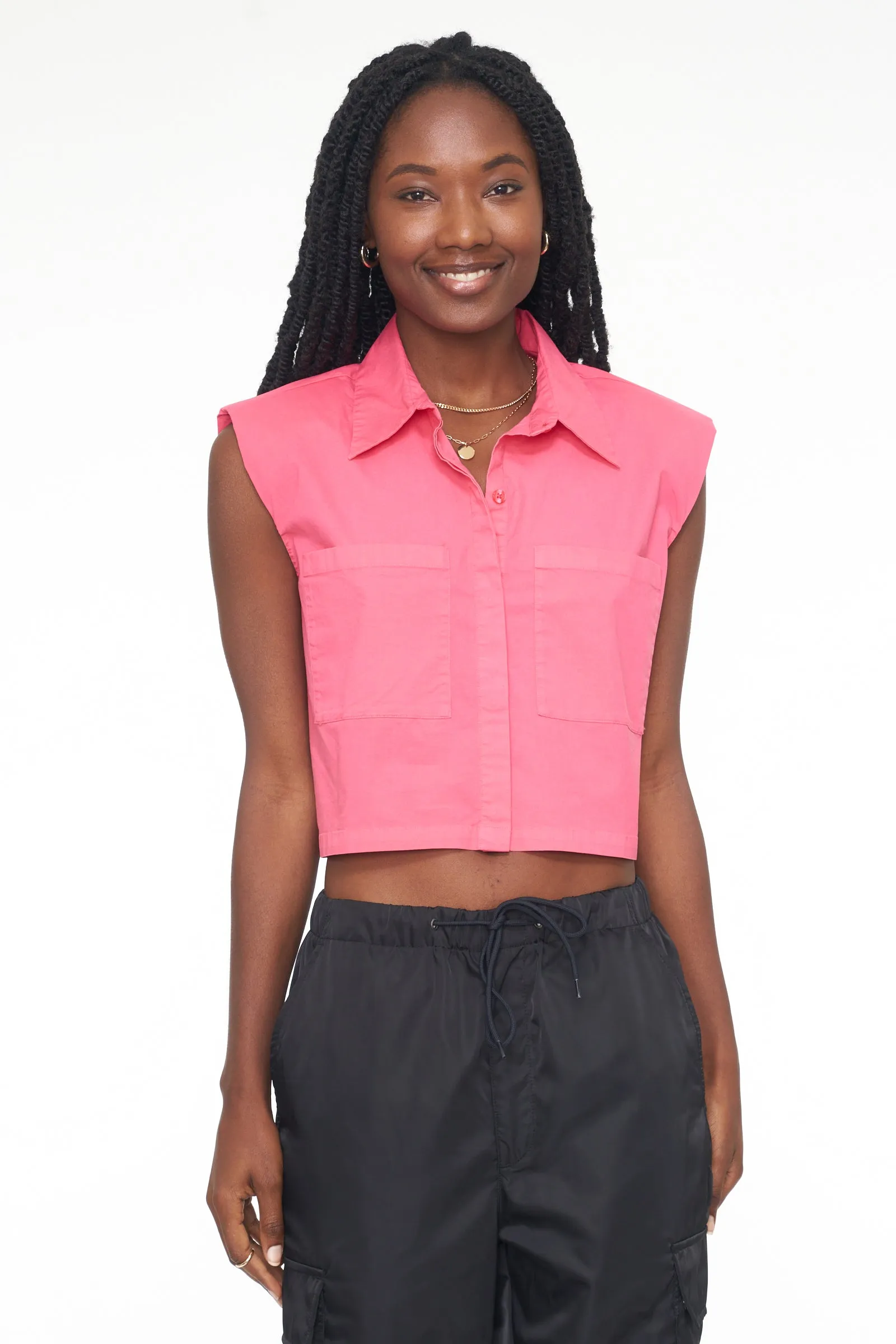 Liam Sleeveless Button Down Shirt - Pink Punch