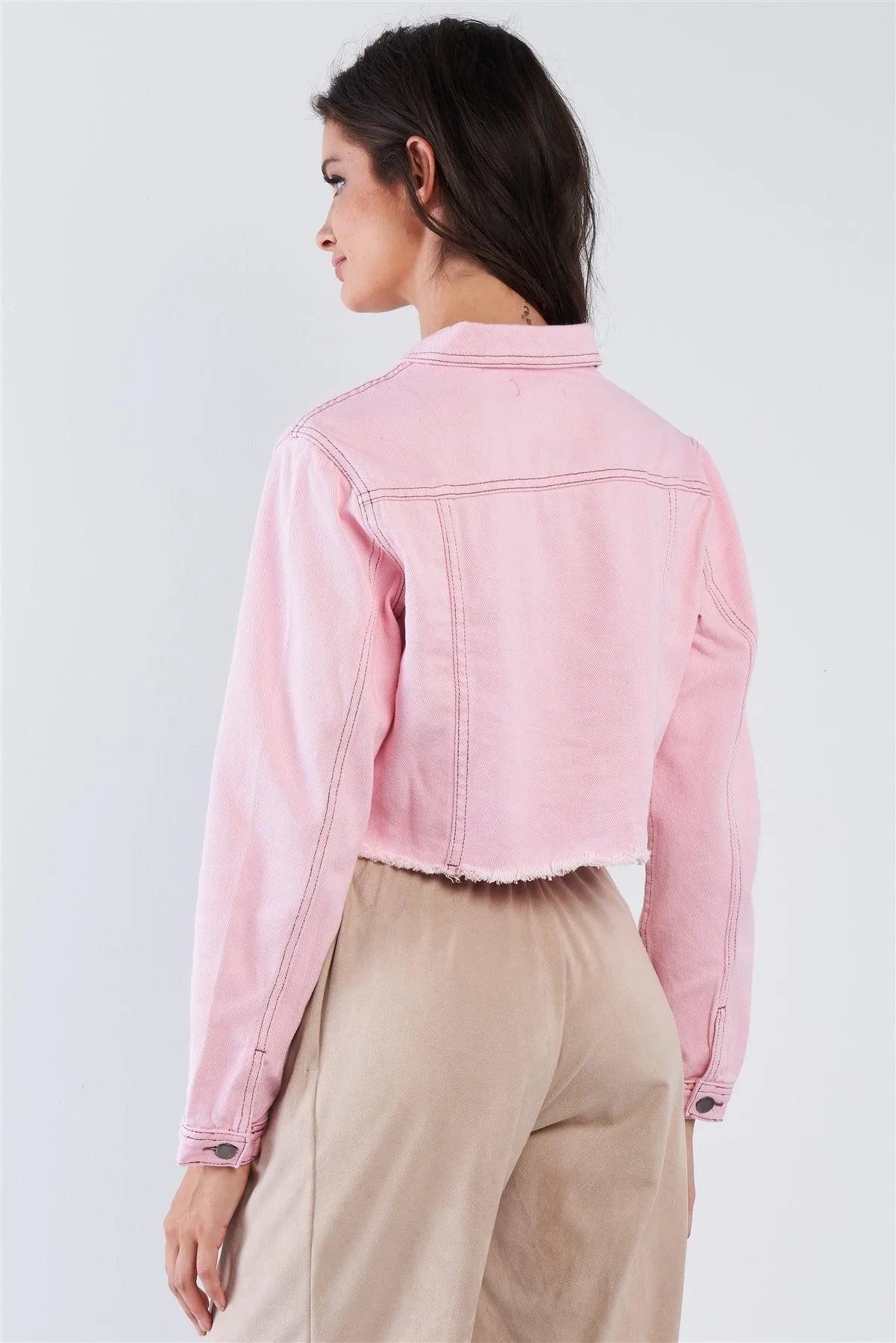 Light Pink Denim Cropped Collared Botton Up Jacket