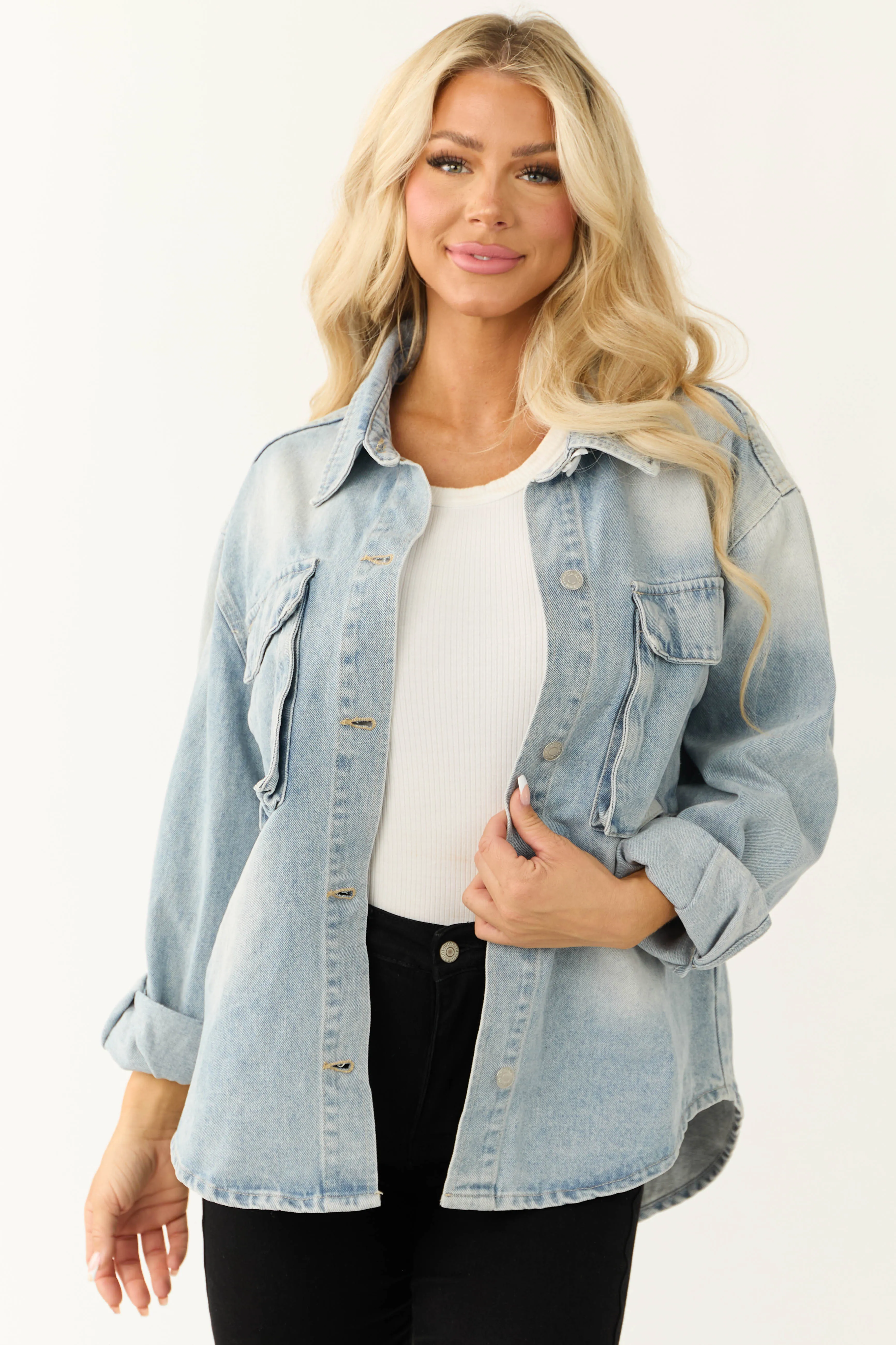 Light Wash Denim Long Sleeve Buttoned Jacket