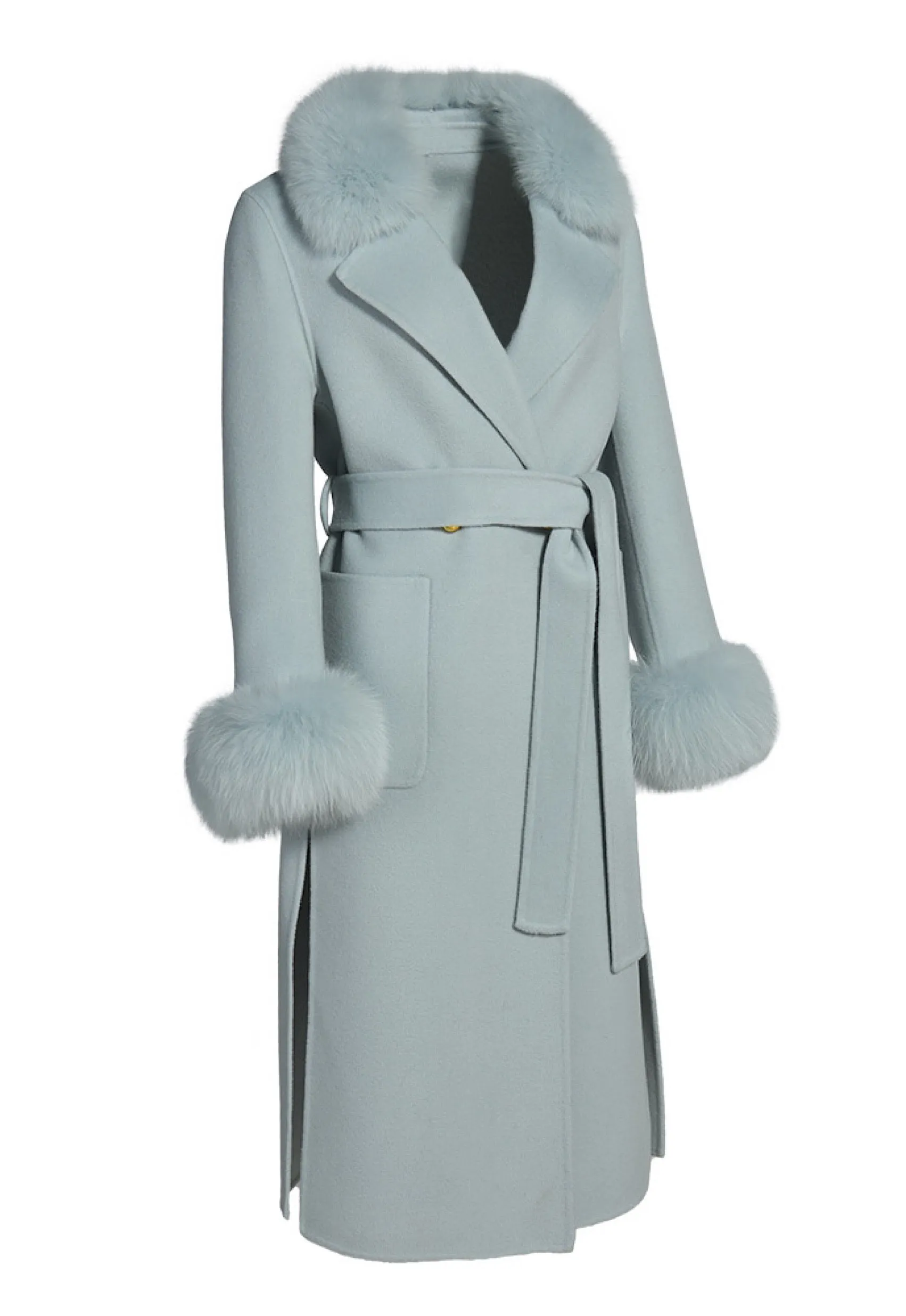 LONDON New Blue Cashmere Coat with Fox Fur