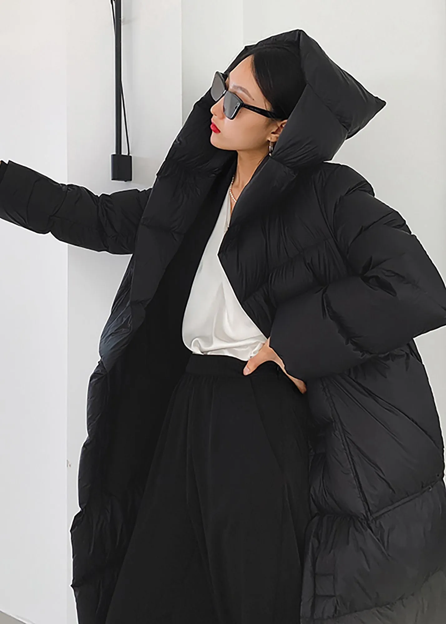 Long Belted Hooded Goose Down Coat