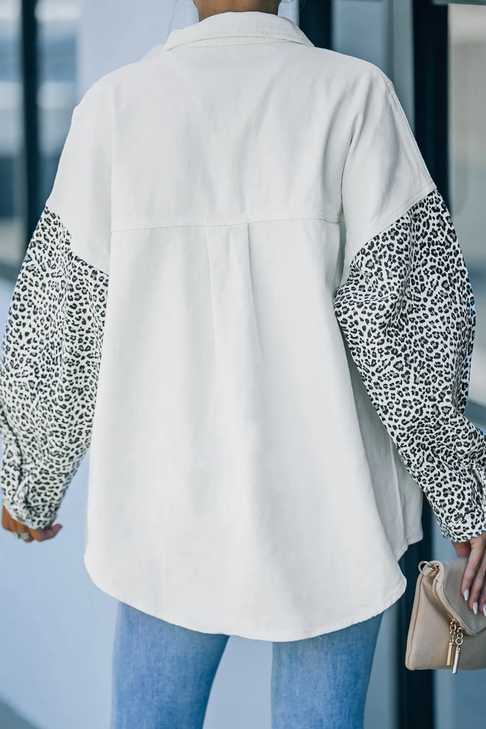 Long Sleeve Button-down Leopard Print White Denim Jean Jacket