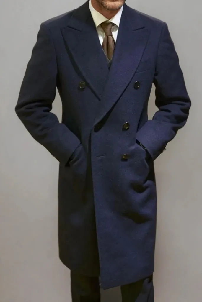 Men Dark Blue Overcoat Slim Fit Double Breasted Trench Coat Tweed Long Coat Winter Outwear Overcoat