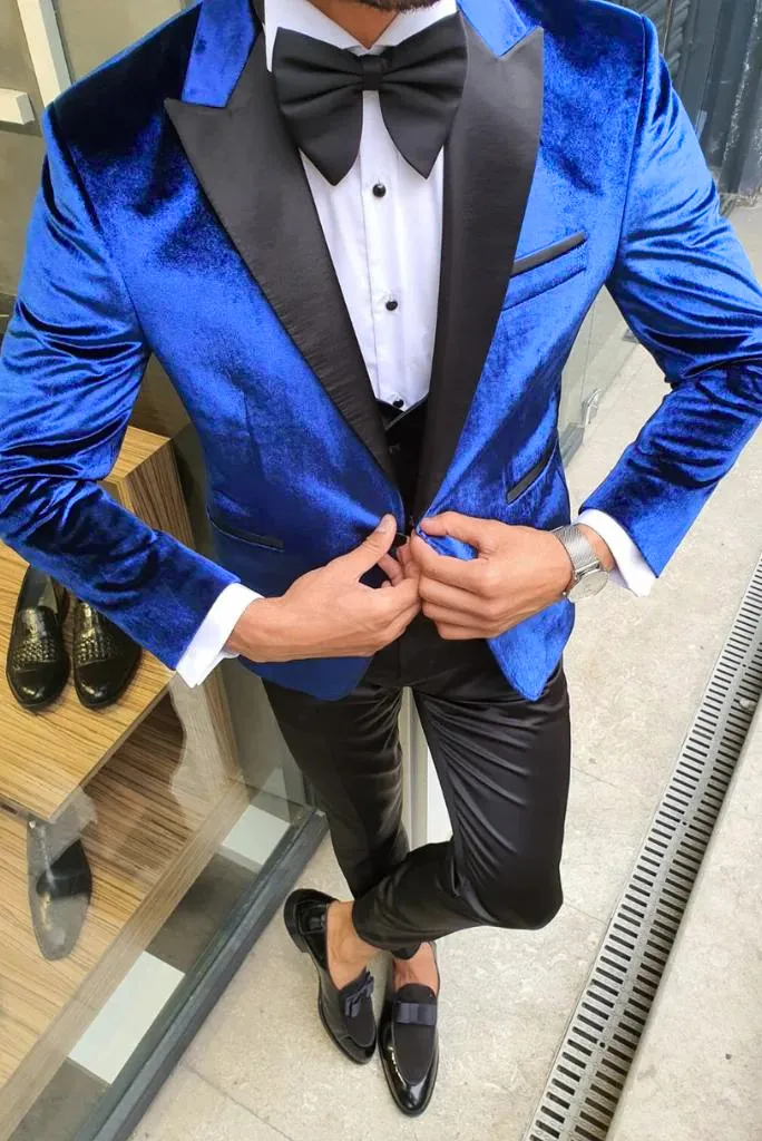 Men Suits Blue 3 Piece Slim Fit One Button Wedding Groom Party Wear Suit Dinner Tuxedo Suit Velvet Suit Winter Suit Bespoke