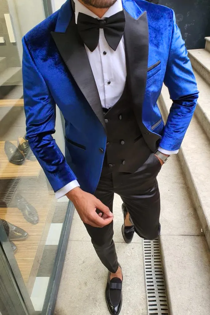 Men Suits Blue 3 Piece Slim Fit One Button Wedding Groom Party Wear Suit Dinner Tuxedo Suit Velvet Suit Winter Suit Bespoke