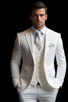 Men Suits, Off White 3 Piece Slim Fit Elegant Suits, Formal Fashion Suits, Groom Wedding Suits, Party Wear Dinner Suits, Bespoke For Men