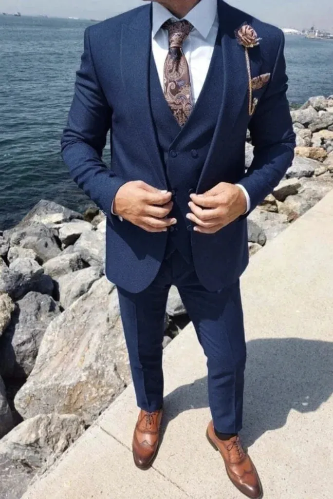 Men three piece royal blue wedding suit