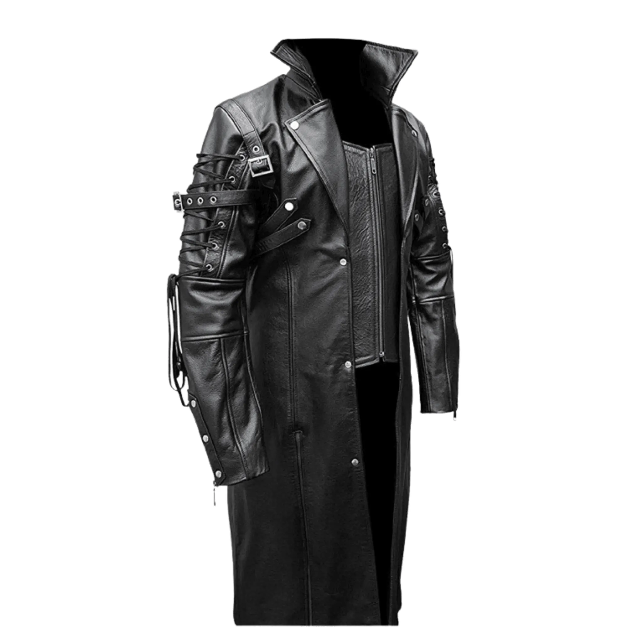 Mens Black Leather Trench Coat