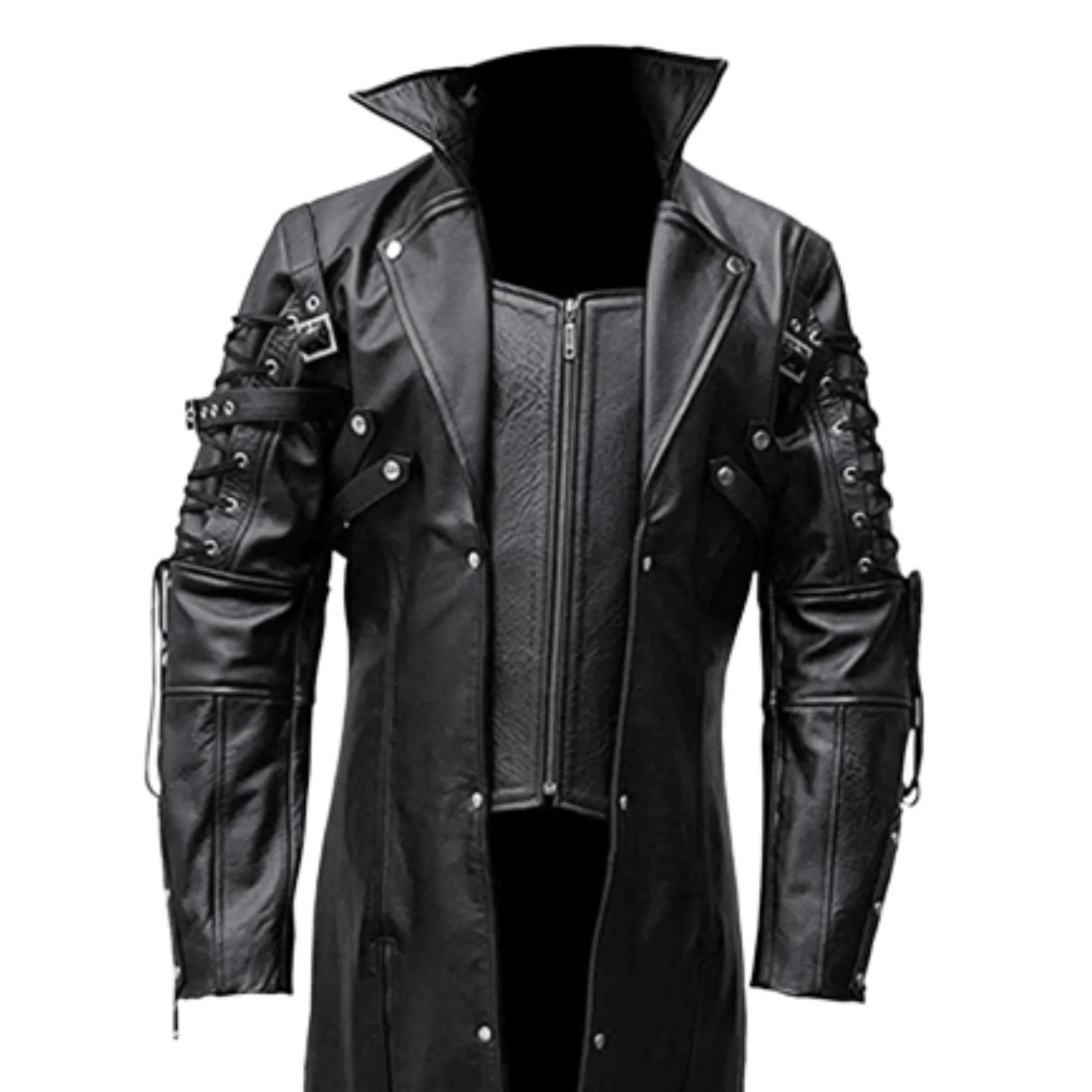 Mens Black Leather Trench Coat