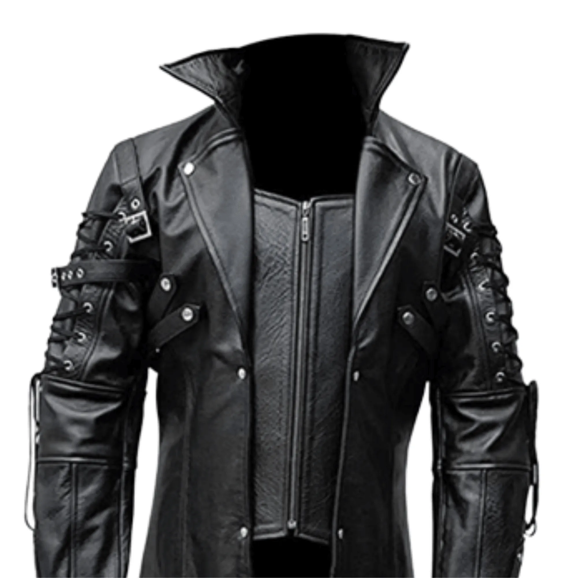 Mens Black Leather Trench Coat