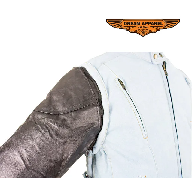 Men's Denim-like Leather Racer Jacket W/ Removable Sleeves