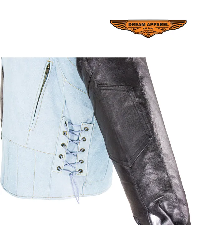 Men's Denim-like Leather Racer Jacket W/ Removable Sleeves