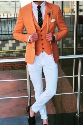 Men's Orange 3 Piece Suits, Slim Fit Suits, Wedding Groom Suit, Tuxedo Suit, Formal Fashion Suits, Bespoke For Men