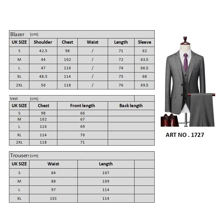 Men's Plaid Slim Fit 3 Piece Suit One Button Business Wedding Prom Suits Blazer Tux Vest & Trousers | 1727