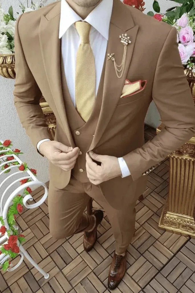 Men's Premium Carmel Brown Designer 3 Piece Slim Fit Suit Wedding Party Suit for Men