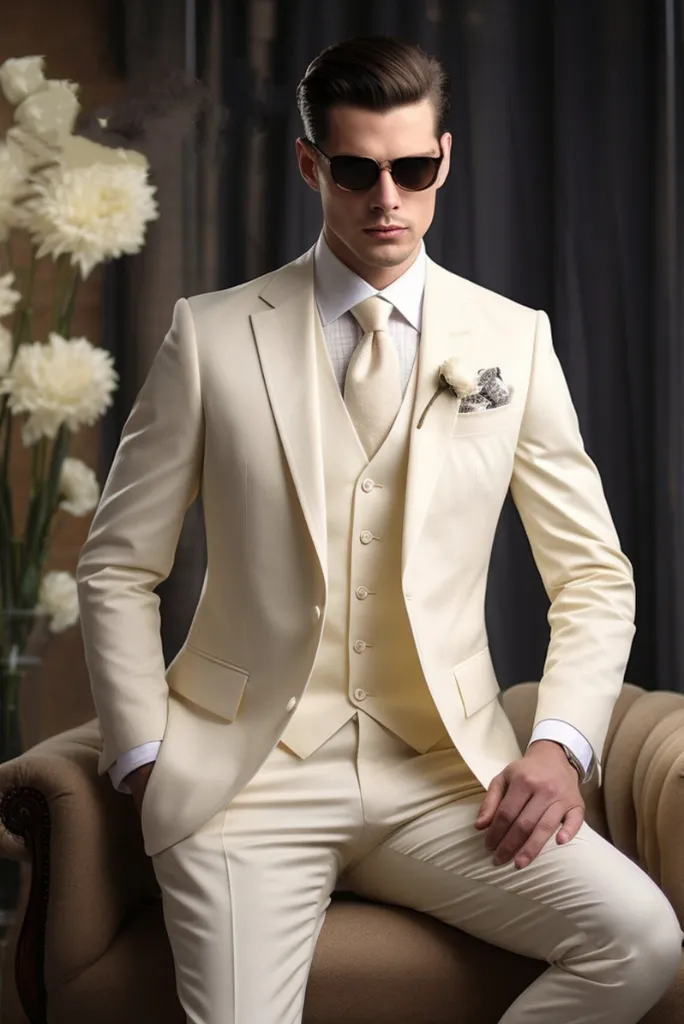 Mens Premium Three Piece Suit Elegant Slim Fit Suit Cream Suit Wedding Wear Candle Night Dinner Suit Bespoke Tailoring