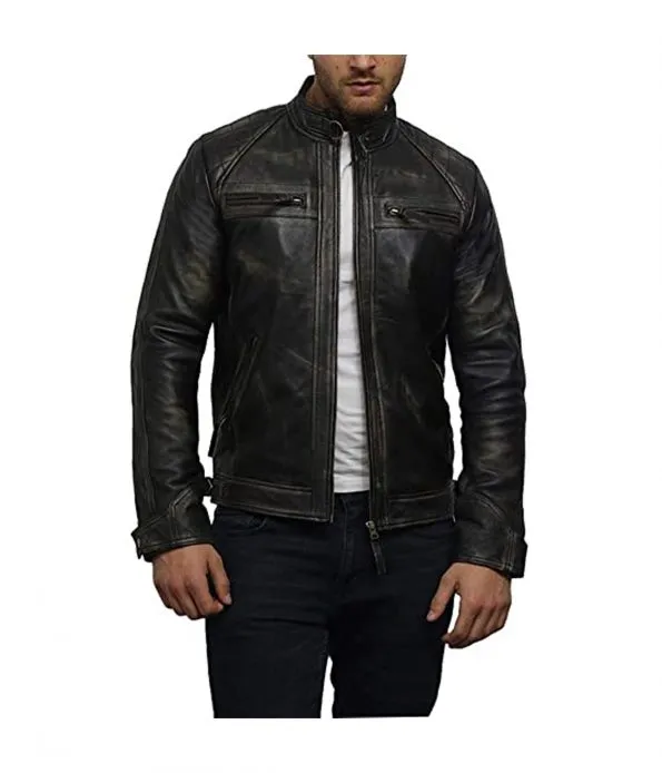 Men's Quilted Distressed Biker Leather Jacket