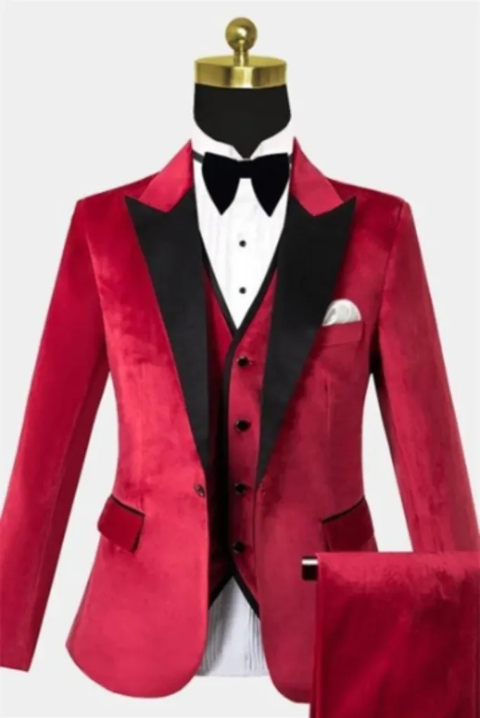 Men's Tuxedo Velvet Three Piece Suit Red Wedding Suit Dinner Suit Formal Party Wear Bespoke