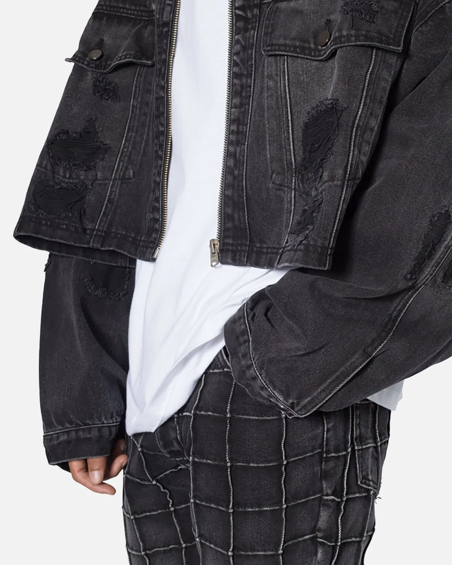 MNML Oversized Ripped Cropped Denim Jacket Washed Black