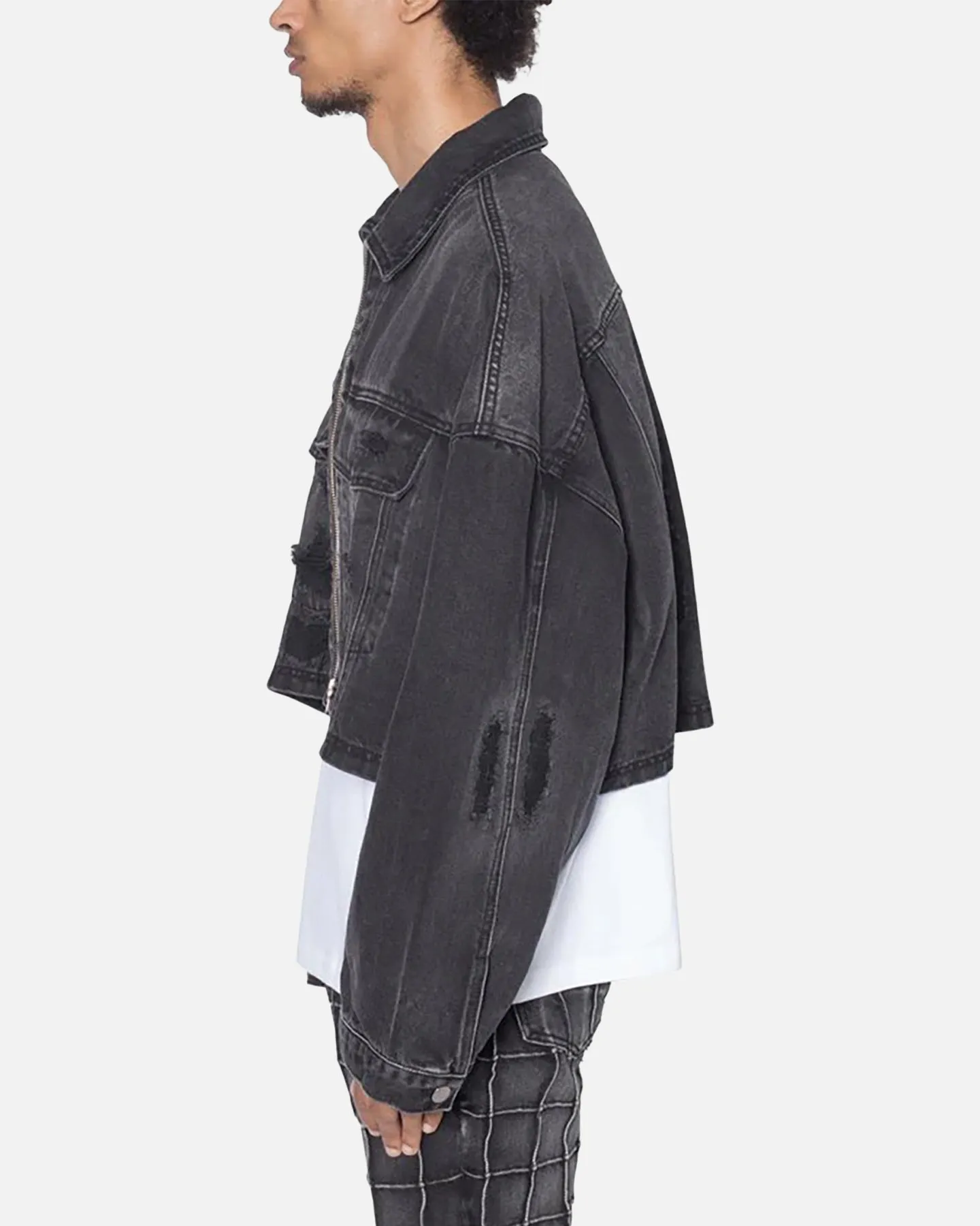 MNML Oversized Ripped Cropped Denim Jacket Washed Black