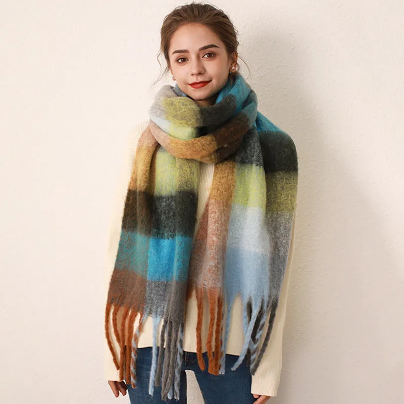 Mohair scarf for women in autumn and winter warm scarf thickened cashmere like check scarf