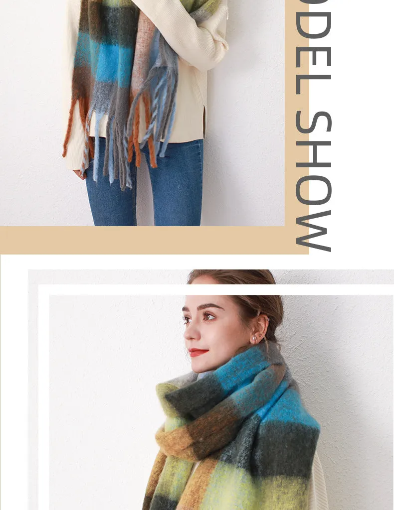 Mohair scarf for women in autumn and winter warm scarf thickened cashmere like check scarf