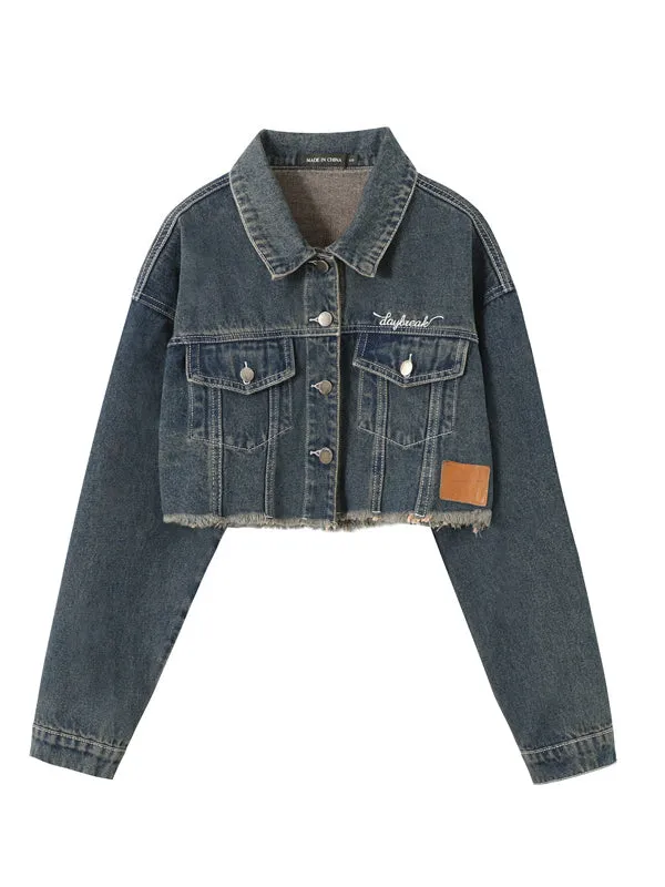 Nvuvu Denim Lapel Collar Raw Hem Light Jacket