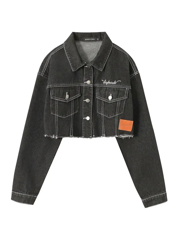 Nvuvu Denim Lapel Collar Raw Hem Light Jacket