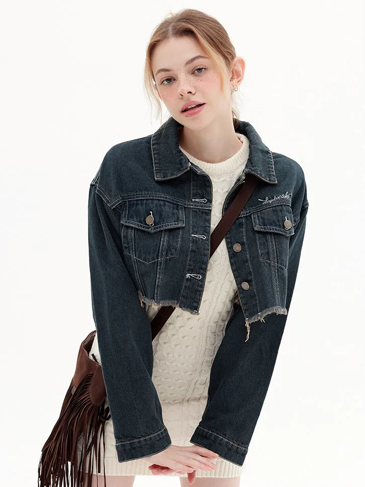 Nvuvu Denim Lapel Collar Raw Hem Light Jacket