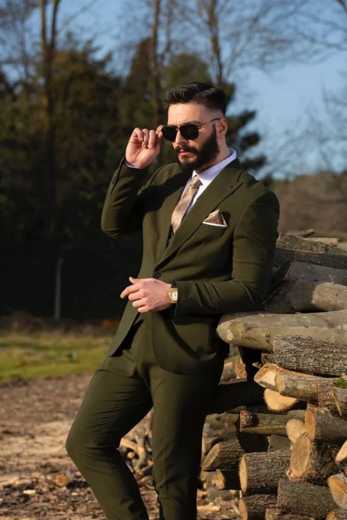 Olive green three-piece wedding suit for men