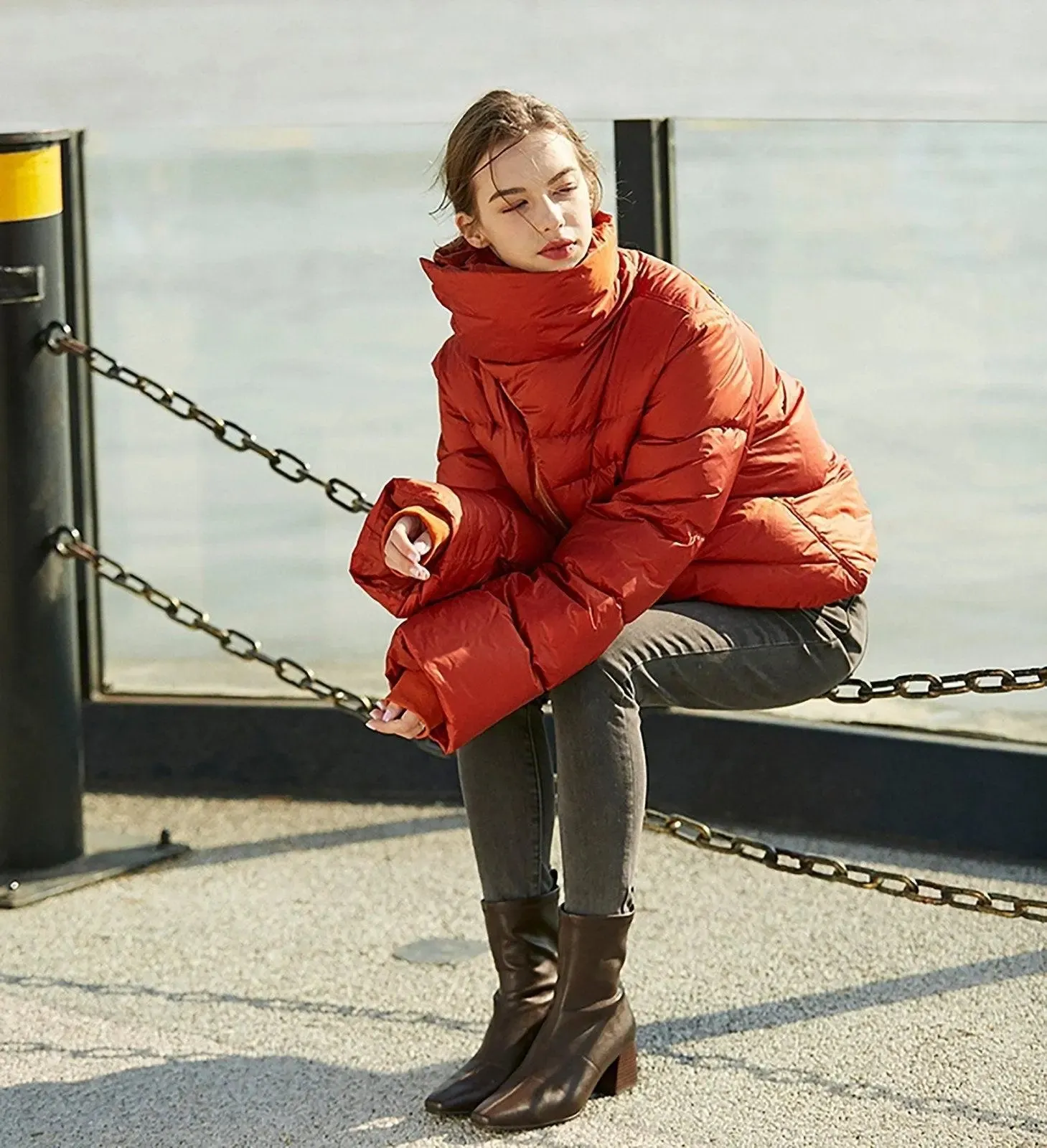 Orange High Neck Down Puffer Jacket