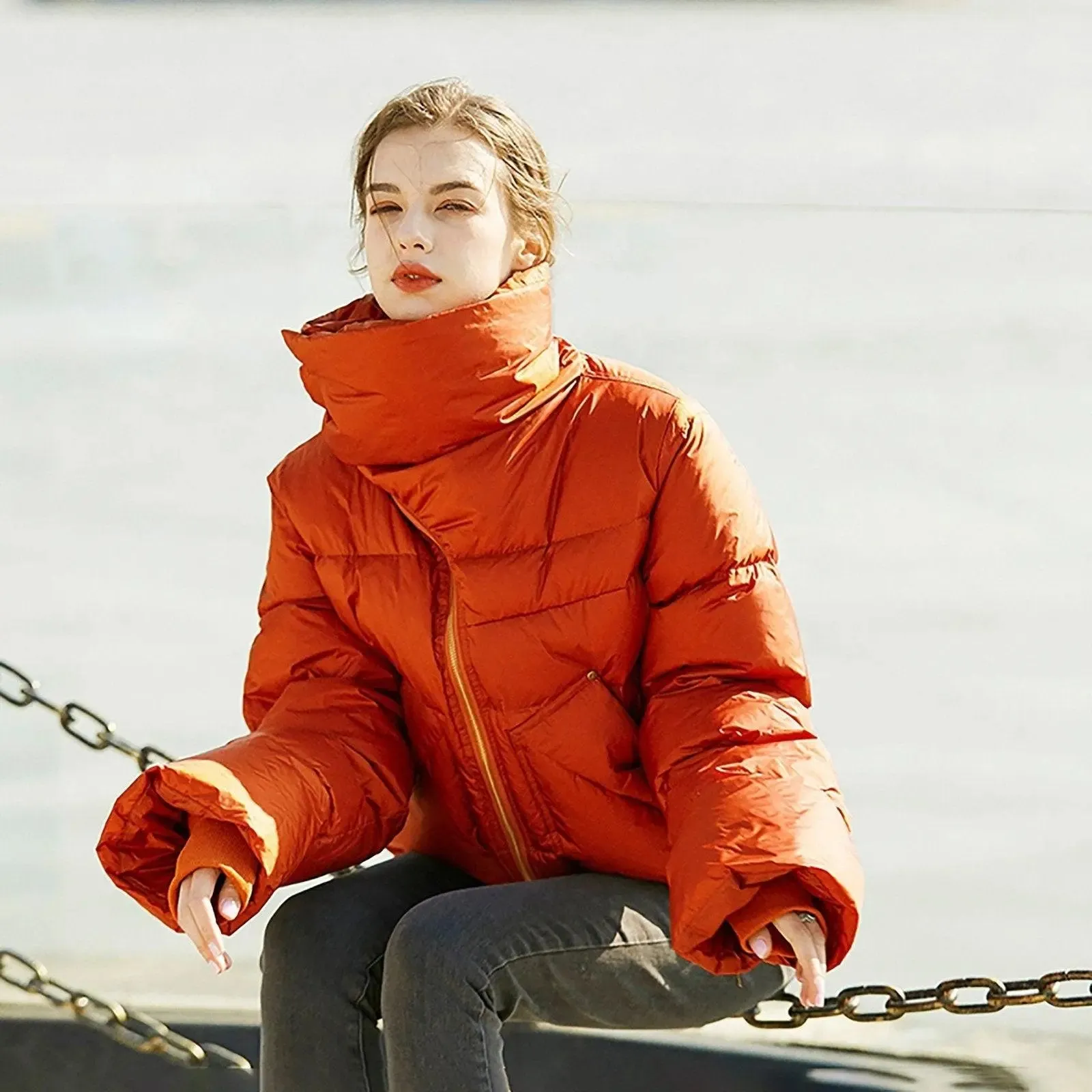 Orange High Neck Down Puffer Jacket