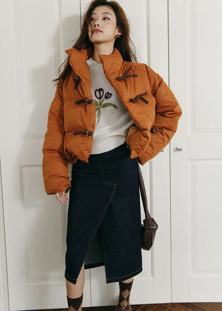 Orange Stand Collar Short Down Puffy Coat