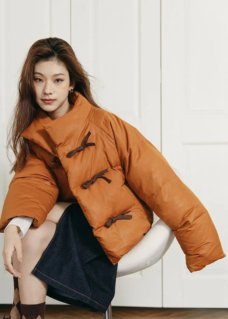 Orange Stand Collar Short Down Puffy Coat