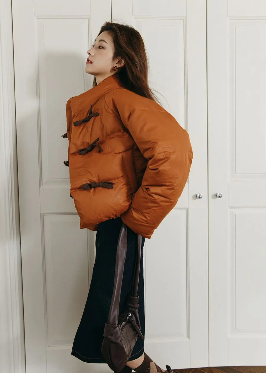 Orange Stand Collar Short Down Puffy Coat