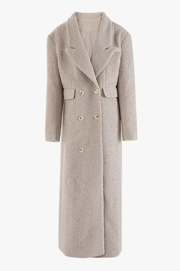 Oversized Lapel Collar Long Sleeve Double Breasted Wool Blend Boucle Coat