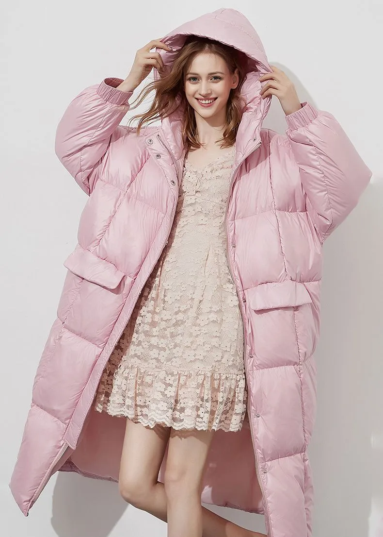 Pink Hooded Down & Feather Fill Puffer Long Coat