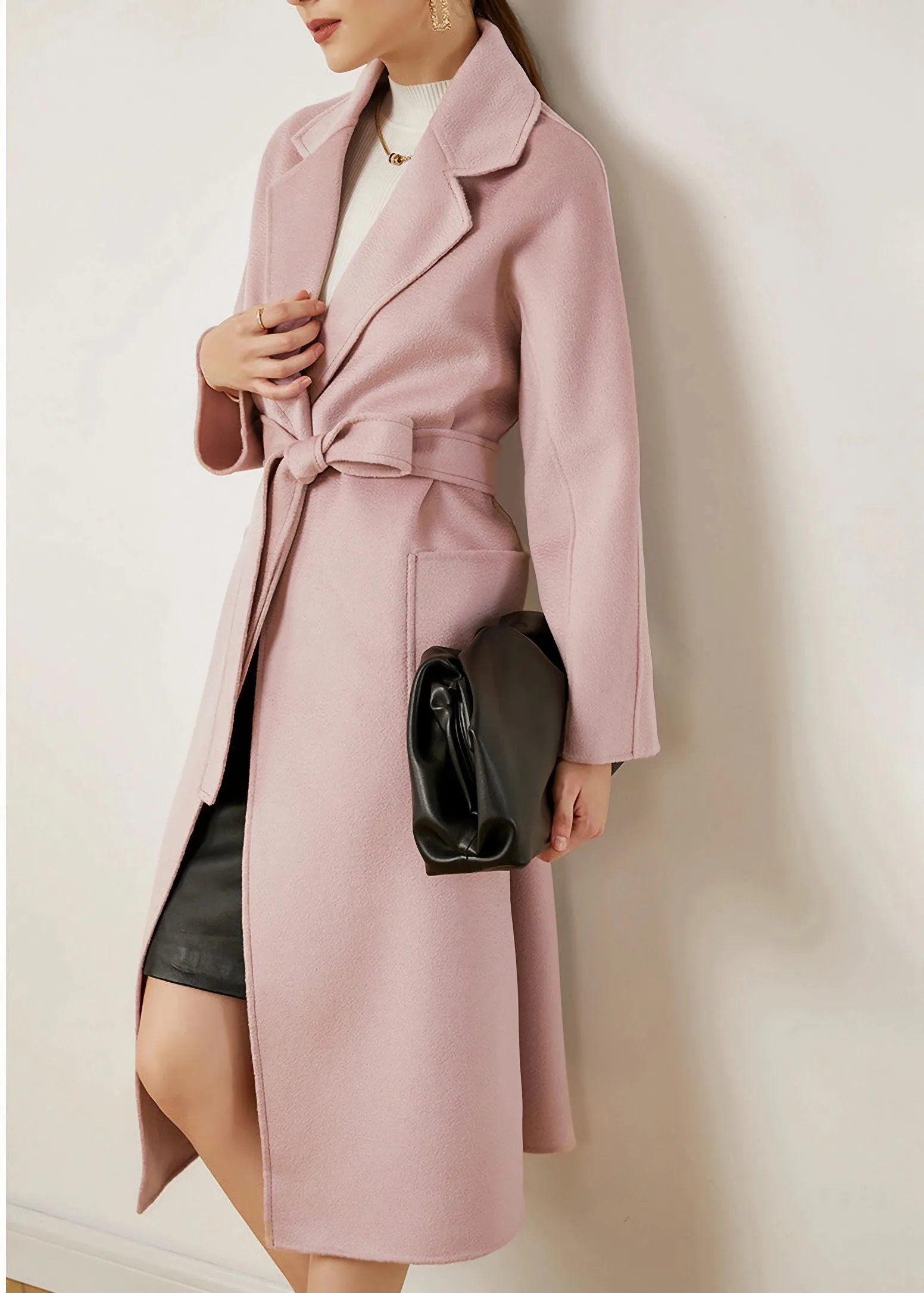 Pink Wool & Cashmere Belted Wrap Long Coat